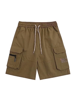 Men's 90s Patchwork Sweat Shorts Multi-Pockets Elastic Waist Cargo Short Streetwear Casual Shorts