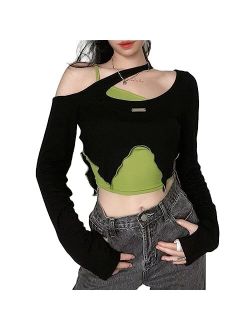 Women's Crop Tops Irregular Color Contrast Two-Piece Suit Strapless y2k Tee Shirts