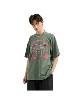 Mens Vintage Japanese Graphic Printed Shirt Unisex Streetwear Washed Oversized Cool Tee