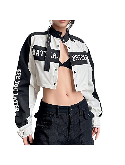 Aelfric Eden Women's Motorcycle Crop Jacket Letter Hiphop Streetwear Vintage Graphic Color Block Varsity Coats