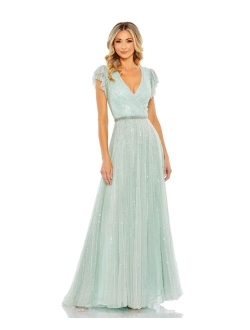 Women's Sequined Wrap Over Ruffled Cap Sleeve Gown