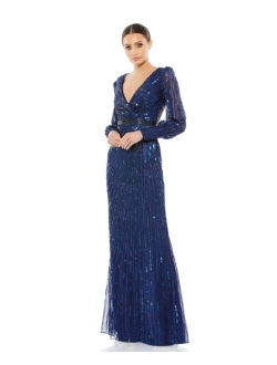 Women's Sequined Wrap Over Bishop Sleeve Gown