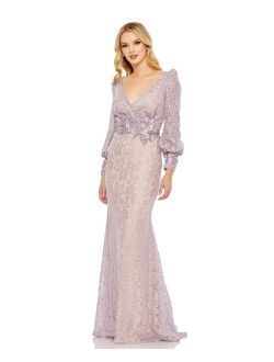 Women's Lace Long Sleeve V Neck Embellished Gown