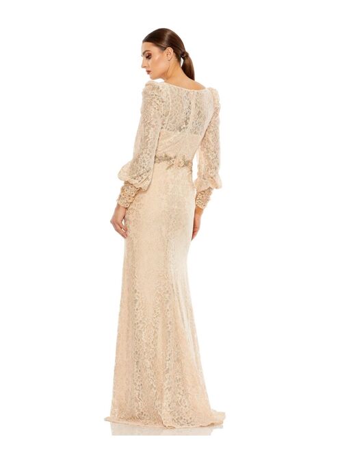 MAC DUGGAL Women's Lace Long Sleeve V Neck Embellished Gown