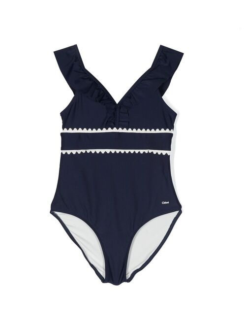 Chloe Kids ruffled lace-trim swimsuit