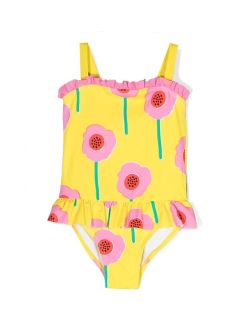 Kids floral-print frill-neckline swimsuit