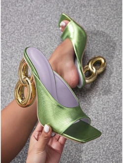 NEWCHARMINGGIRL Shoes Women Lizard Embossed Single Band Sculptural Heeled Sandals, Elegant Mule Sandals For Summer