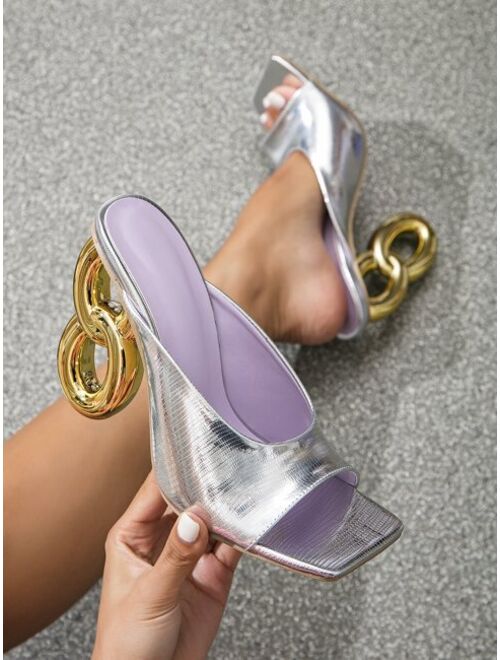 NEWCHARMINGGIRL Shoes Women Lizard Embossed Single Band Sculptural Heeled Sandals, Elegant Mule Sandals For Summer