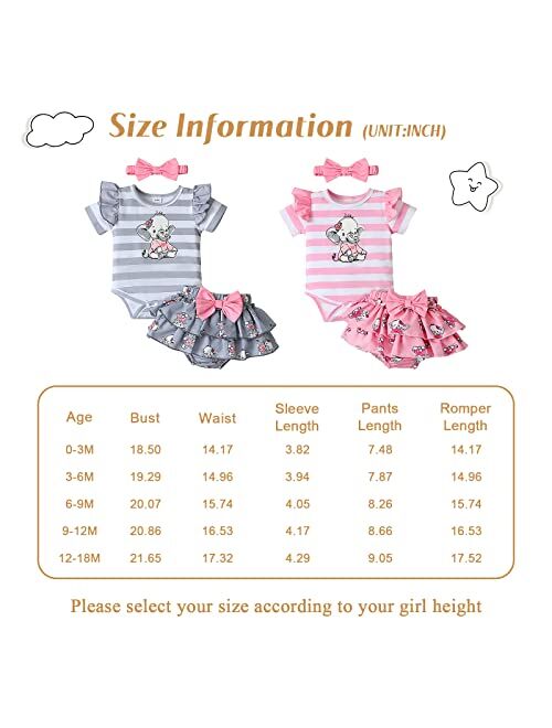 PENNSOY Baby Girl Clothes Newborn Infant Elephant Print Summer Outfits Ruffle Short Sleeve Romper Jumpsuit with Headband 3PCS