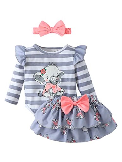 PENNSOY Baby Girl Clothes Newborn Infant Elephant Print Summer Outfits Ruffle Short Sleeve Romper Jumpsuit with Headband 3PCS