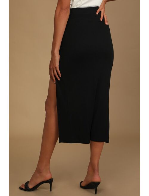 Lulus Simply Trendy Black Ribbed Ruched Drawstring Midi Skirt