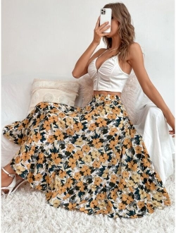 VCAY Allover Floral Print Flare Skirt