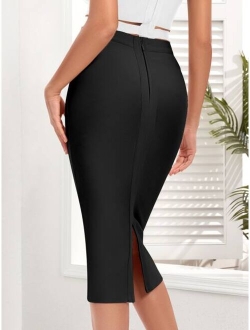 Zipper Back Split Hem Pencil Skirt