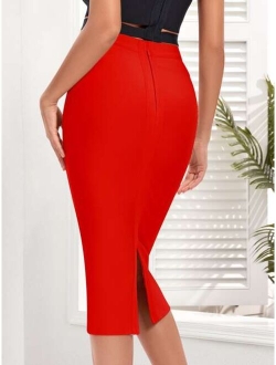 Zipper Back Split Hem Pencil Skirt