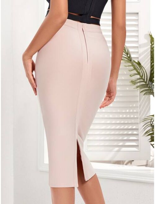 Zipper Back Split Hem Pencil Skirt