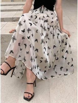 Butterfly Print Flared Hem Skirt