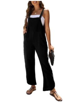 PUWEI Womens Cotton Linen Adjustable Bib Overalls Casual Wide Leg Baggy Jumpsuit with Pockets