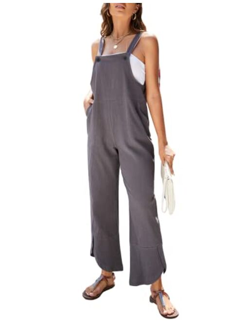 PUWEI Womens Cotton Linen Adjustable Bib Overalls Casual Wide Leg Baggy Jumpsuit with Pockets