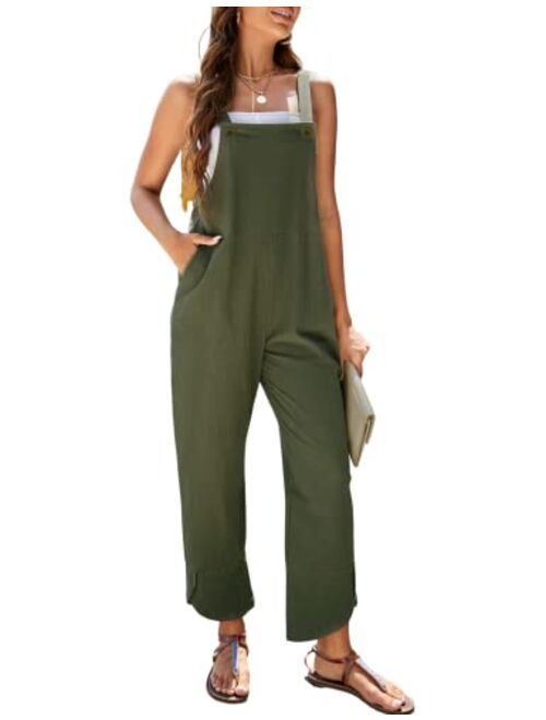 PUWEI Womens Cotton Linen Adjustable Bib Overalls Casual Wide Leg Baggy Jumpsuit with Pockets