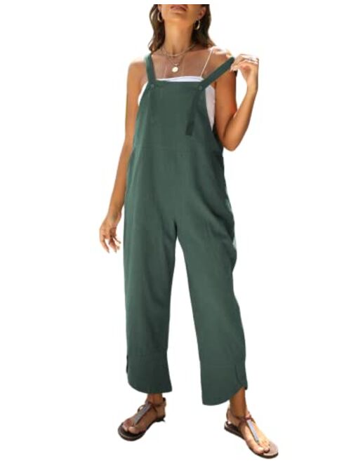 PUWEI Womens Cotton Linen Adjustable Bib Overalls Casual Wide Leg Baggy Jumpsuit with Pockets