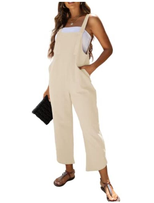 PUWEI Womens Cotton Linen Adjustable Bib Overalls Casual Wide Leg Baggy Jumpsuit with Pockets