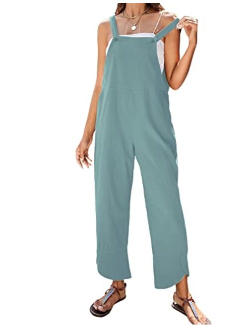 PUWEI Womens Cotton Linen Adjustable Bib Overalls Casual Wide Leg Baggy Jumpsuit with Pockets