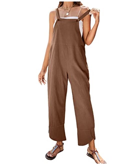 PUWEI Womens Cotton Linen Adjustable Bib Overalls Casual Wide Leg Baggy Jumpsuit with Pockets