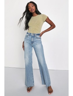 DAZE DENIM Far Out White High Rise Raw Hem Wide Leg Jeans