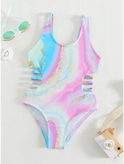 Toddler Girls Marble Print Ladder Cut out One Piece Swimsuit