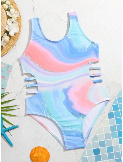 Toddler Girls Marble Print Ladder Cut out One Piece Swimsuit