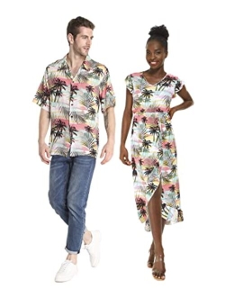 Hawaii Hangover Matchable Couple Hawaiian Luau Shirt or Wrap Ruffle Dress in Sunset Neon