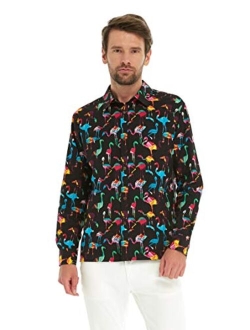 Hawaii Hangover Men's Hawaiian Long Sleeve Shirt Aloha Shirt Flamingo in Love White