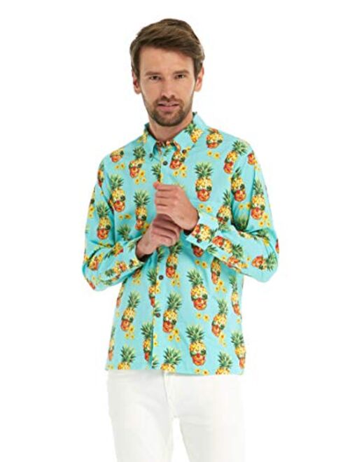 Hawaii Hangover Men's Hawaiian Long Sleeve Shirt Aloha Shirt Flamingo in Love White