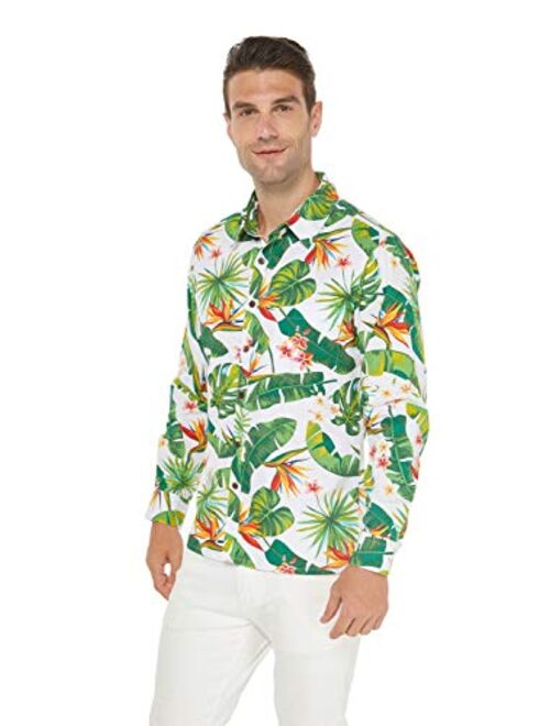 Hawaii Hangover Men's Hawaiian Long Sleeve Shirt Aloha Shirt Flamingo in Love White