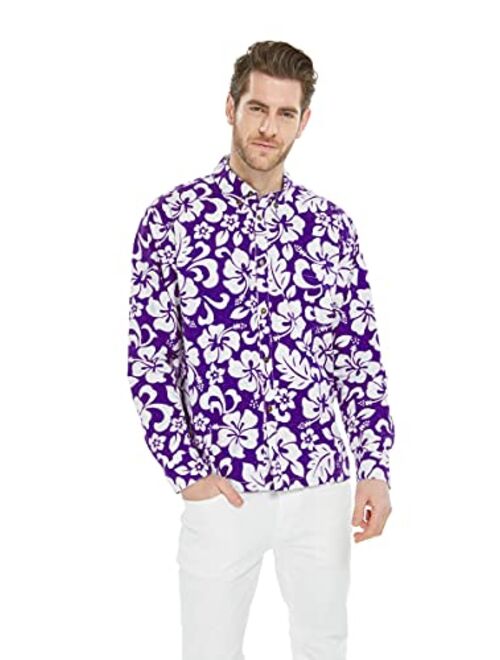 Hawaii Hangover Men's Hawaiian Long Sleeve Shirt Aloha Shirt Flamingo in Love White