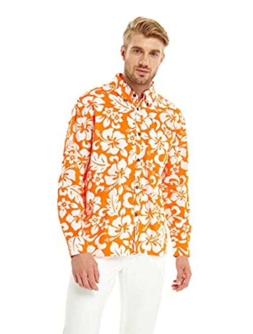 Hawaii Hangover Men's Hawaiian Long Sleeve Shirt Aloha Shirt Flamingo in Love White