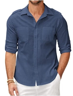 Men's Cotton Linen Shirt Long Sleeve Casual Button Down Summer Beach Plain T Shirts with Pockets