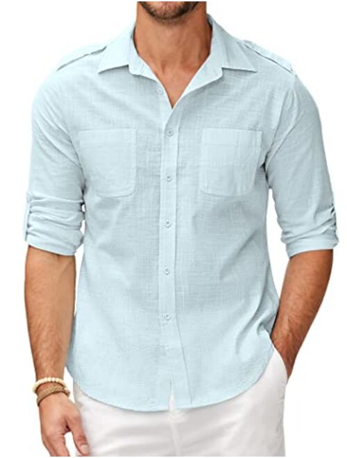 COOFANDY Men's Cotton Linen Shirt Long Sleeve Casual Button Down Summer Beach Plain T Shirts with Pockets