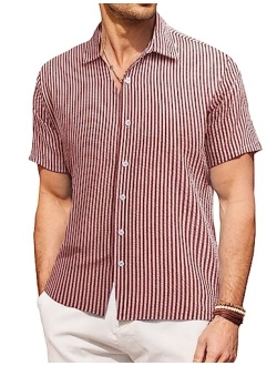 Men's Casual Short Sleeve Button Down Shirt Textured Summer Beach Shirt