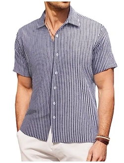 Men's Casual Short Sleeve Button Down Shirt Textured Summer Beach Shirt