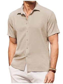 Men's Casual Short Sleeve Button Down Shirt Textured Summer Beach Shirt