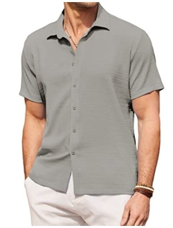 Men's Casual Short Sleeve Button Down Shirt Textured Summer Beach Shirt