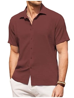 Men's Casual Short Sleeve Button Down Shirt Textured Summer Beach Shirt