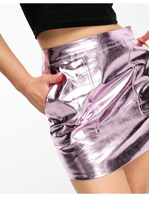 4th & Reckless Petite metallic leather look mini skirt in pink