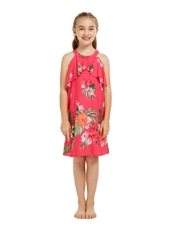 Hawaii Hangover Girl Hawaiian Round Neck with Ruffle Dress and Straw Ruffle Hat with Matching Band in Day Dream Bloom