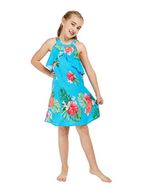 Hawaii Hangover Girl Hawaiian Round Neck with Ruffle Dress and Straw Ruffle Hat with Matching Band in Day Dream Bloom