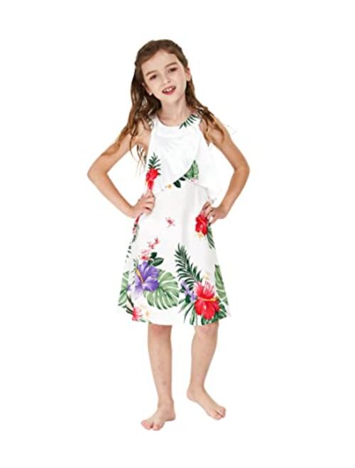 Hawaii Hangover Girl Hawaiian Round Neck with Ruffle Dress and Straw Ruffle Hat with Matching Band in Day Dream Bloom