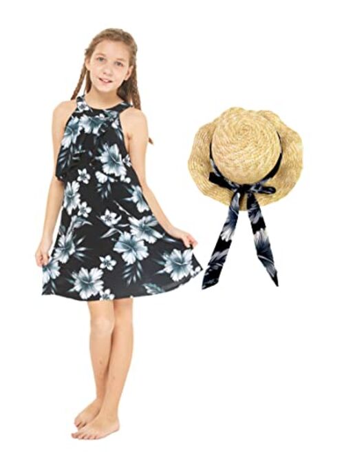 Hawaii Hangover Girl Hawaiian Round Neck with Ruffle Dress and Straw Ruffle Hat with Matching Band in Day Dream Bloom