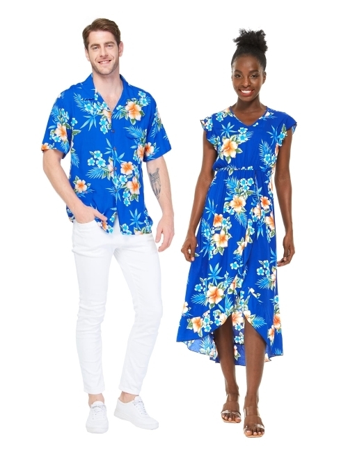 Hawaii Hangover Matchable Couple Hawaiian Luau Shirt or Wrap Ruffle Dress in Hibiscus Blue