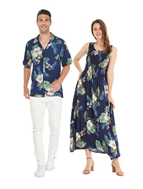 Hawaii Hangover Matchable Couple Hawaiian Luau Shirt or Maxi Tank Dress in Pineapple Garden Black